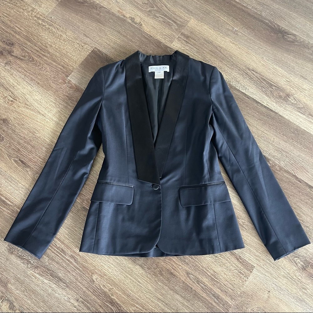PAUL & JOE navy wool blazer with satin black trim size 38